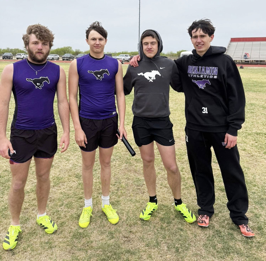 At last week’s Aspermont track meet, personal records abounded for Benjamin tracksters. Keegan Hayes achieved 41’3” in the triple jump for 1st place and 2nd in the long jump by 1/4 inch. Benjamin won second in the sprint relay and 1st in the 800-meter relay. | COURTESY PHOTOS