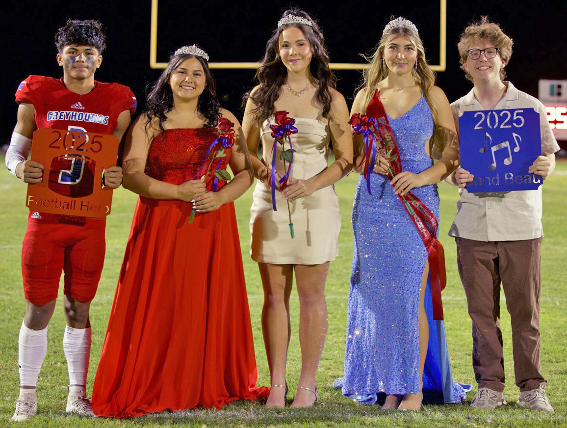 HOMECOMEING COURT Royalty, from left: Zander Abila, Aubrey Lerma, Savannah Friddle, K’Lee Grimsley and Coltan Cox; Football Hero Zander Abila. Due to a tie, there were two Football Sweethearts, Savannah Friddle and Aubrey Lerma. | SHERI BATY PHOTO