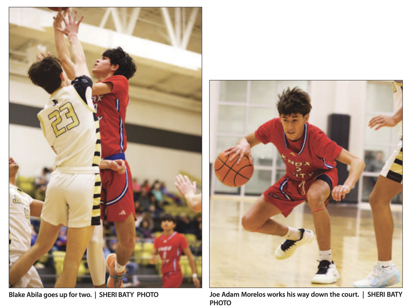Blake Abila goes up for two. Joe Adam Morelos works his way down the court. | SHERI BATY PHOTO