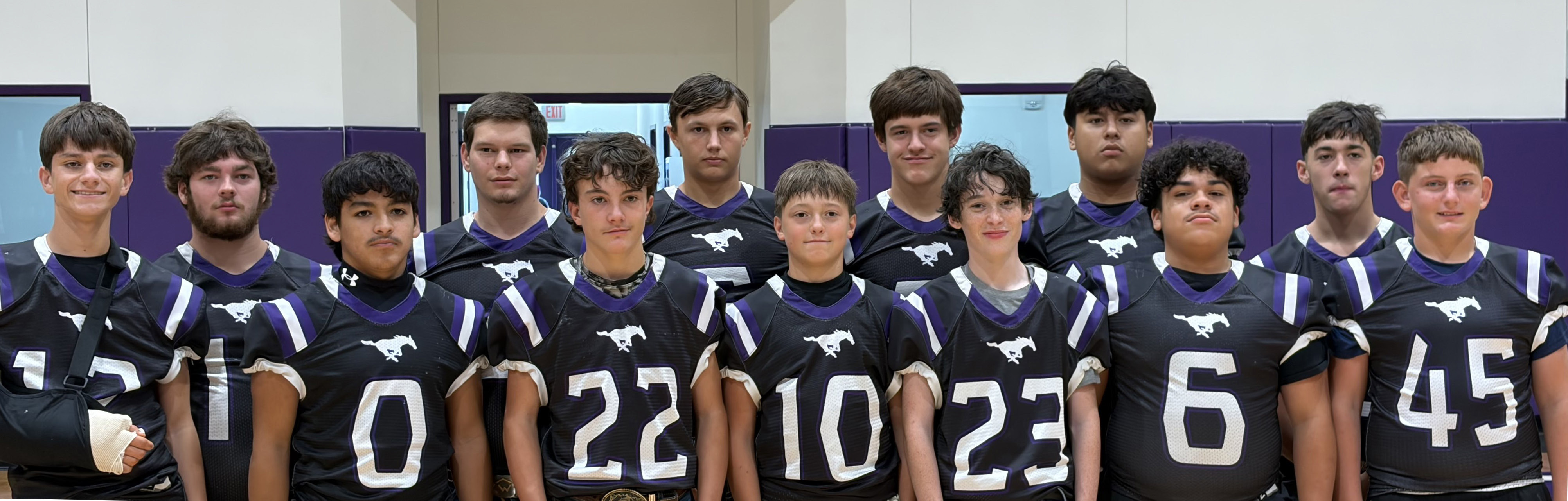 Benjamin Mustangs Football, back row from left: Preston True, Ryder Willden, Hagen Weatherford, Everett Cates, Edgar Robledo, Jace True Front Row; Bentley Irons, Jace Trevino, Zach Faris, Eli Cates, Wyatt Devlin, DJ Martinez, Brantly Barnett