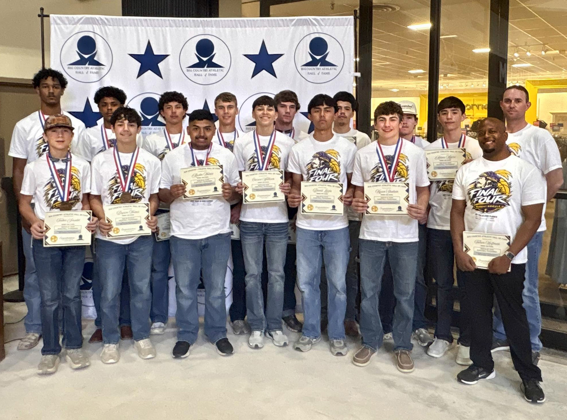 HALL OF FAME HONOR The Munday Moguls boys basketball team and coaches were recognized Sunday afternoon, March 22, 2026, by the Big Country Athletic Hall of Fame for their success in advancing to the State Final Four this season. The team’s picture will be displayed on the Wall of Champions inside the Big Country Athletic Hall of Fame Museum. | COURTESY PHOTO