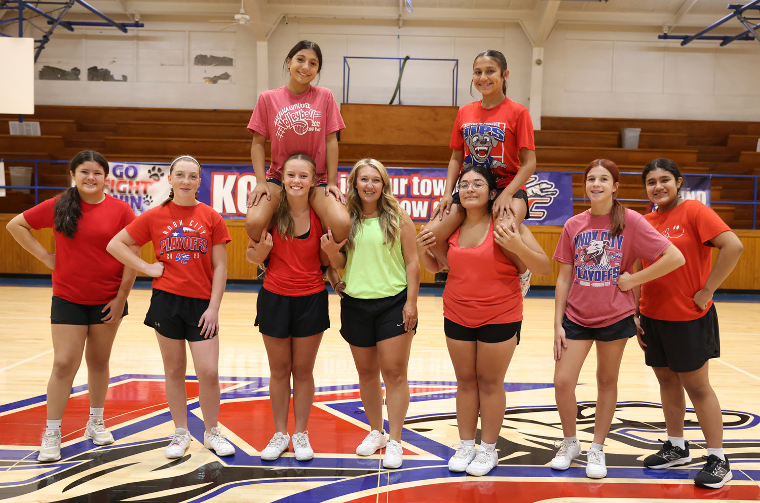 CLINIC TIME KCJH Cheer held a clinic July 31 to focus on building skills. Top row, from left, are Zynleigh Garcia and Lola Myers; bottom row, from left, are_JaKnay Sanchez, Kasadee Grimsley, Kendyl Pepper, Kyra Hall, clinic coach Divina Moreno, Hadley Cayce and Kenya Samano.