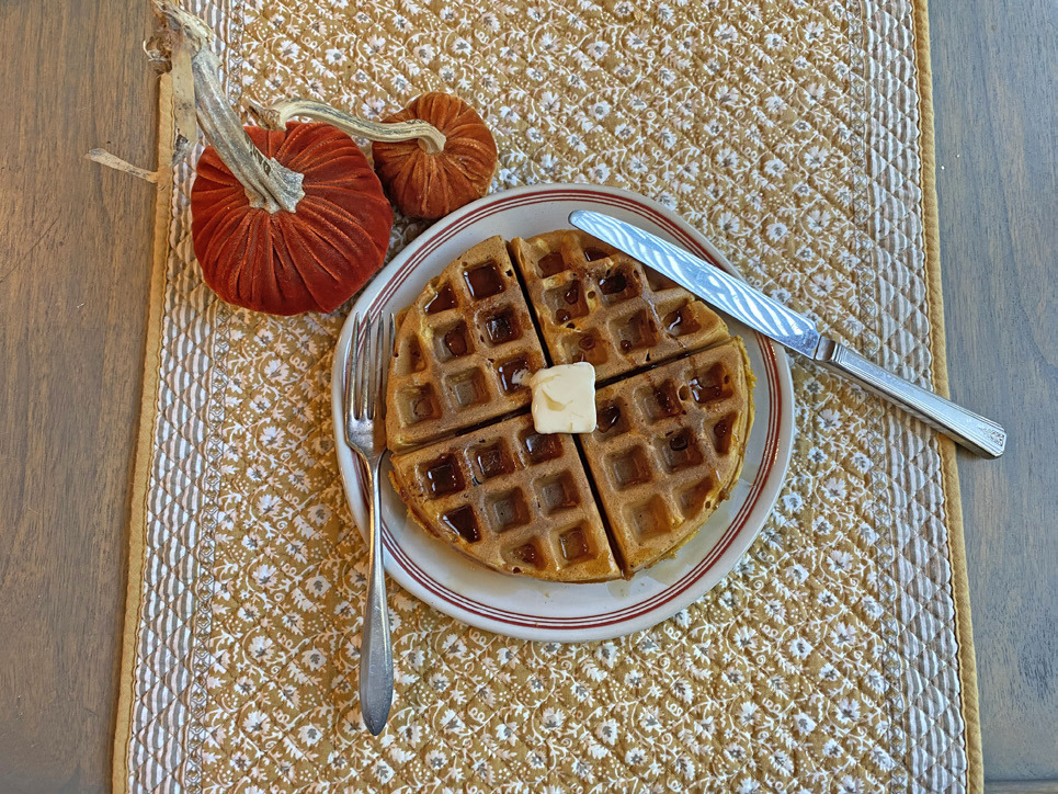 BRINNER WAFFLES Pumpkin spice waffles are warm, crispy and packed with nutritious superfoods. Made with pumpkin, cinnamon, whole grains and flaxseed, they are quick to prepare and versatile enough for breakfast, brunch or a cozy meal, especially with maple syrup and butter.| ANGELINA LARUE PHOTO