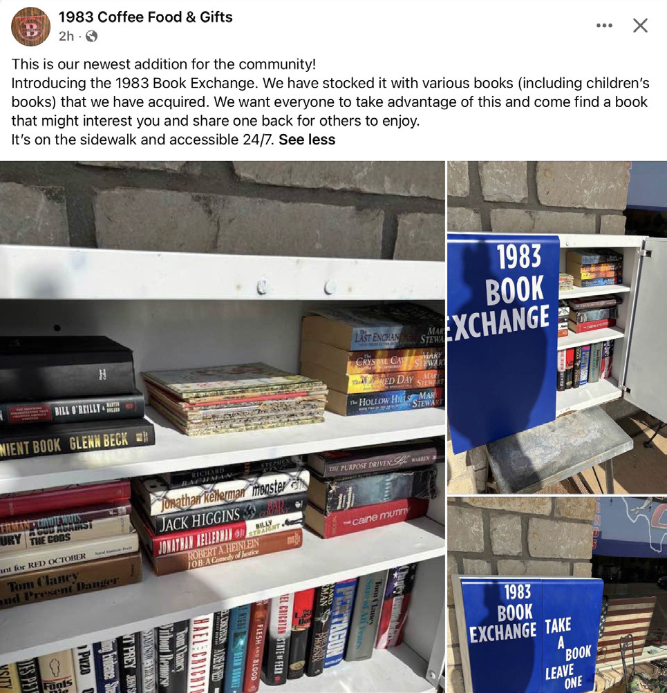 “This is our newest addition for the community!” posted the good folks at B1983 Coffee in downtown Knox City this week.“We have stocked it with various books (including children’s books) that we have acquired. We want everyone to take advantage of this and come find a book that might interest you and share one back for others to enjoy. It’s on the sidewalk and accessible 24/7.” | FACEBOOK