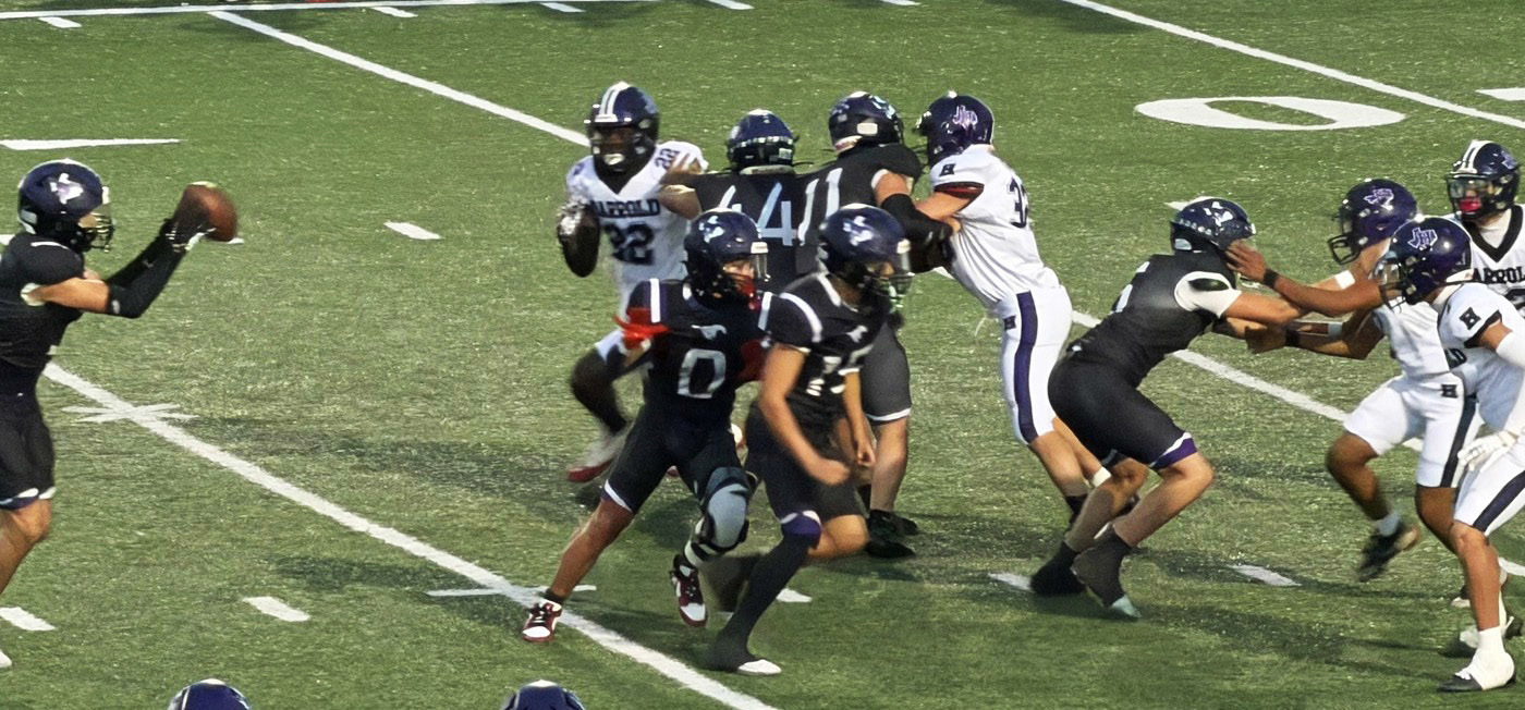 STUNG Benjamin was unable to get much going against a strong Harrold team, falling 71-26 at home Sept. 24. | COURTESY PHOTO