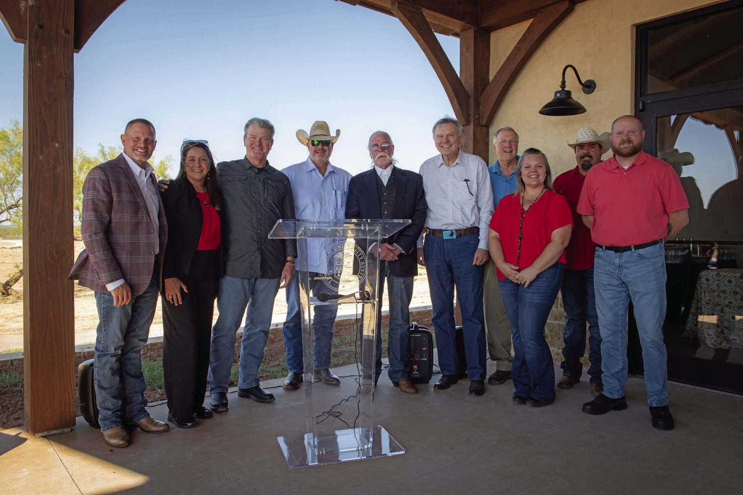 3 RIVERS RANCH TTU System leadership and staff and members of the 3 Rivers Foundation for the Arts and Sciences gathered recently at the 3 Rivers Ranch Community Luncheon. From left: Patrick Kramer, Ginger Kerrick Davis, Tedd L. Mitchell, Clay Cash, Don Malone, Ken Fergeson, Bob England, Cady Alvarado, JL Alvarado and Jerry Gardner. | COURTESY PHOTO