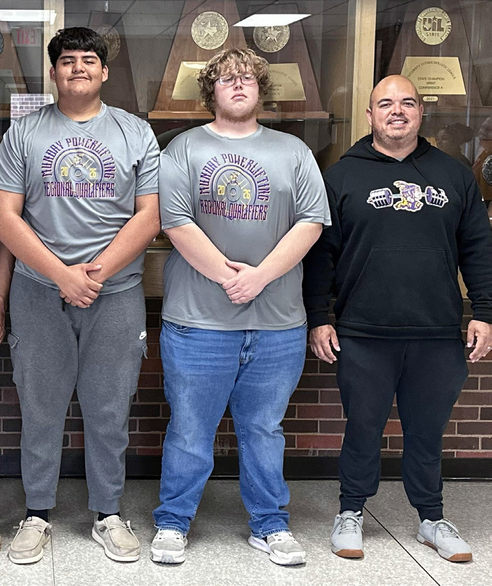 Congratulations go to the Munday Mogul powerlifting team and Coach Drew Barnard for their results at the Region 6 meet at Decatur this week: Abraham Gonzalez took 6th place in the SHW Class with 1055 total points (435, 245, 375), and Kenlin Rogers finished in 8th place SHW Class with 945 total points (350, 235, 360). | COURTESY PHOTO