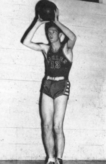 HOWARD (HOWIE) SHANNON, number 13 in a University of North Texas Eagles jersey, sets up for a shot in 1943. (https://texashistory.unt.edu/ark:/67531/ metadc271218/: accessed April 29, 2026), University of North Texas Libraries, The Portal to Texas History, https://texashistory.unt.edu; crediting UNT Libraries Special Collections