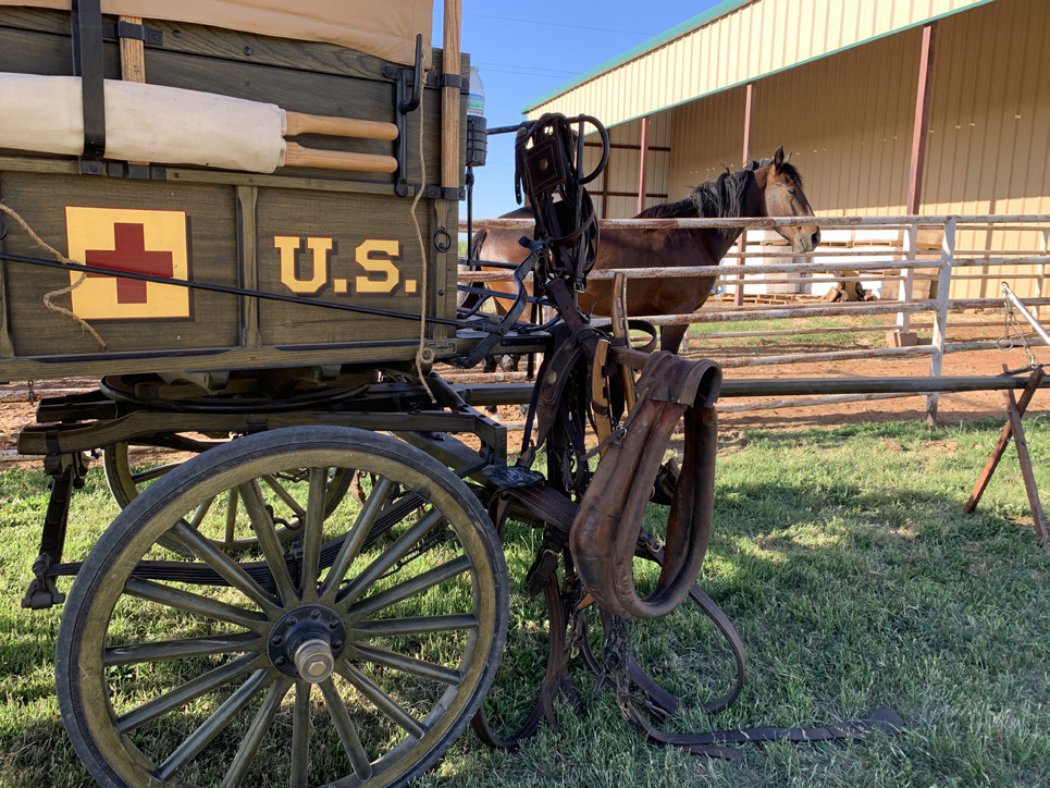 WAGONS HO A 2026 water bottle in a cupholder is the only nonauthentic feature of an 1880s U. S. Cavalry ambulance driven in a cross-country wagon train expedition and parked lastThursday at the Circle Bar horse barn at Truscott. Owned by Cliff Teinert, Albany rancher, the wagon was driven by Teinert and pulled by two big Cleveland Bays, an endangered breed. The horse in the background belongs to Circle Bar rancher Jerry Bob Daniel. | PHOTO BY HANABA MUNN WELCH