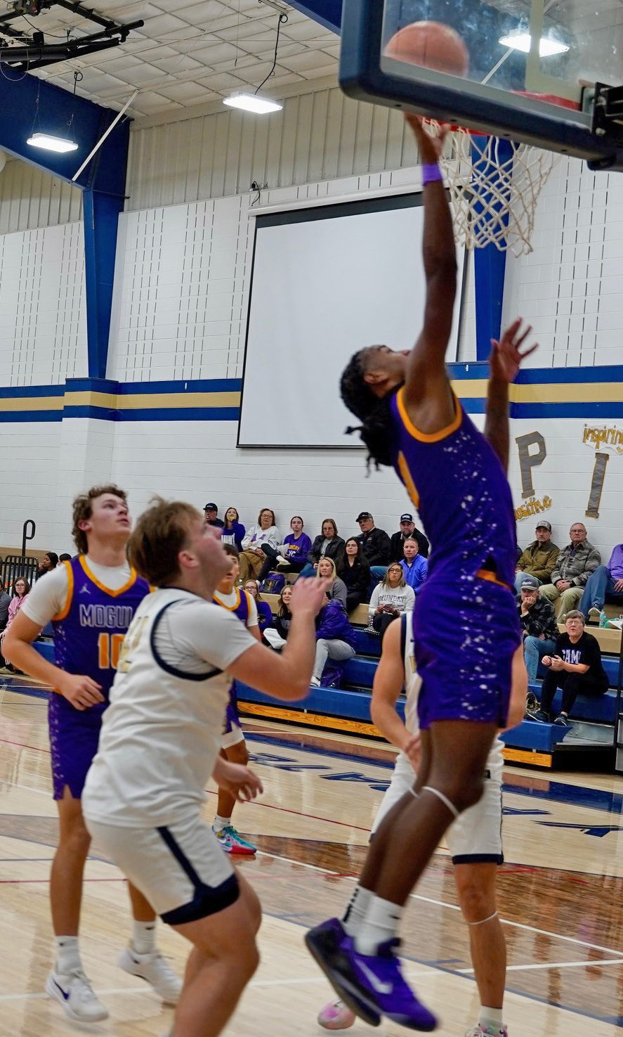 EXCITING VICTORY Ja’Riyis Williams puts the ball up and in for 2 in what turned out to be an exciting victory for the Moguls with a final score of 59-53. The Moguls upset the reigning state champions Perrin-Whitt last week on the road.