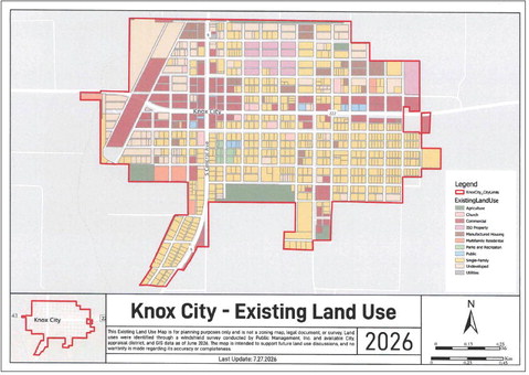 CURRENT CITY LAND USE This map presented to the Knox City Council shows the current use of the lots withing the city limits, will help drive the council’s planning efforts for future land use. | COURTESY GRAPHIC