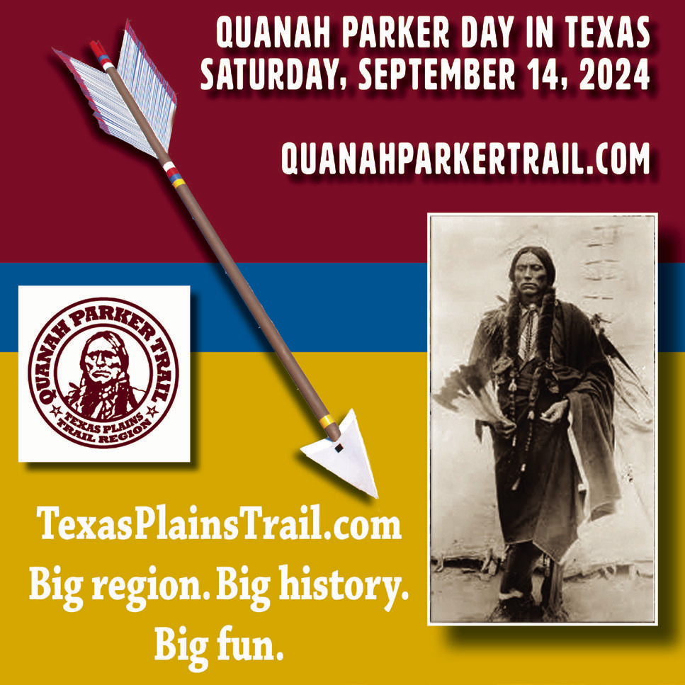 A QUANAH CUTOUT stands next to a Quanah Parker Trail arrow at Wayside, Texas, near to the trail where 150 years ago, on September 28, 1874, in the Battle of Palo Duro Canyon, Col. Ranald S. Mackenzie and the 4th Cavalry descended to the canyon floor and ambushed Comanche, Kiowa and Cheyenne bands seeking refuge there from the converging U.S. forces trying to force them onto reservations —but Quanah with his band of Kwahada were elsewhere. | TEXAS PLAINS TRAIL REGION