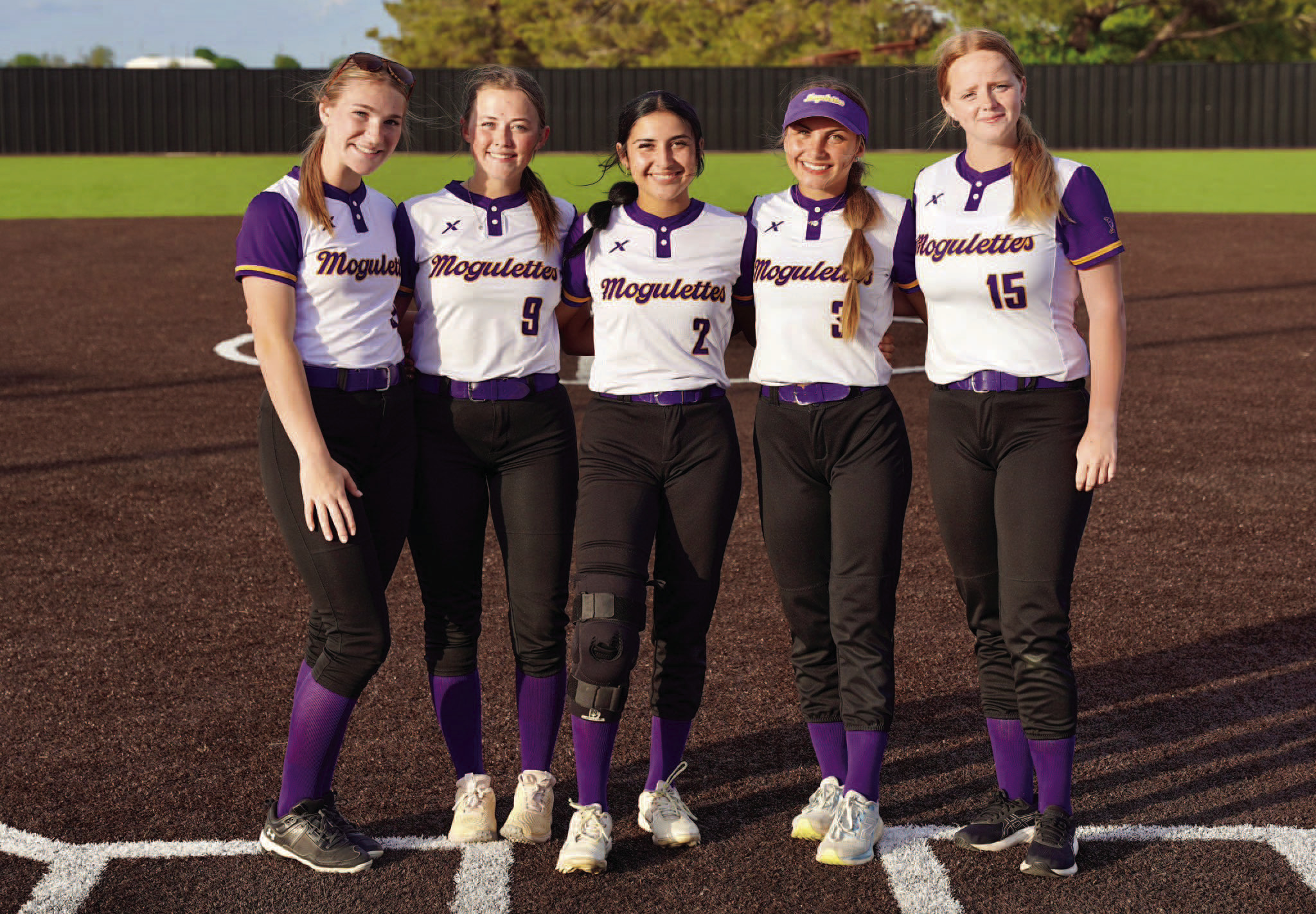 SENIOR LEGACY The Munday Mogulettes softball team is the back-to-back district champs and these five senior years have been a part of its success. Left to right, Taylor Herring, Ambrie Myers, Amrie Loftin, Klnslee Carver and Shalee Shackleford. | COURTESY PHOTO