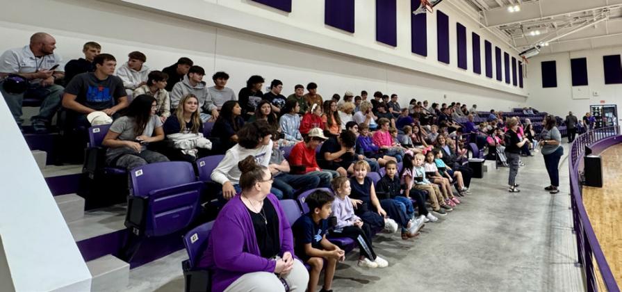 OPENING CEREMONY AND DEDICATION Benjamin ISD Interim Superintendent Ronda Moffett gave the opening presentation and dedication at the grand opening of the Don Haskins Gym in BenjaminonThursday,September25. | RACHELFARMERPHOTOS