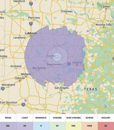 SHAKE MAP Three earthquakes centered near Hermleigh, Texas on July 22 were felt over a wide area. | COURTESY PHOTO