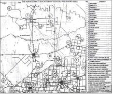 ON THE MAP are approximate locations of previous schools throughout Knox County. Very little is left of most of these, now that the land has been cleared for farming. Knox County schools past and present included Benjamin, Knox City, Truscott, Cottonwood, Hefner, Munday, Gillespie, Gilliland, Goree, Lake Creek, Rhineland, League, Union Grove, Hood, Vera, Lone Star, Brushy, Brock, Antelope Flat, Johnson, China Lake, Washburn, Dixon, Prairie View, Red Creek, Jungman and Sunset.