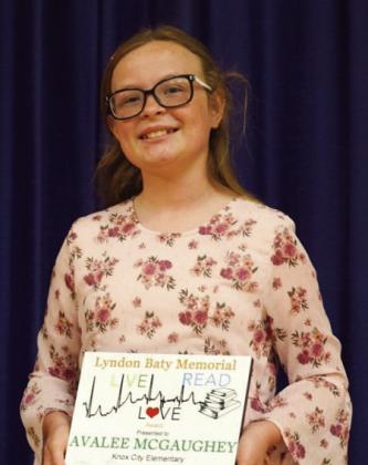 LIVE, LOVE, READ LIKE LYNDON Knox City Elementary fifth grader Avalee McGaughey istheLyndonBatyMemorialAwardrecipient which encourages children to live life to the fullest, love one another, and develop a lifelong love of reading like Lyndon Baty. | SHERI BATY PHOTO