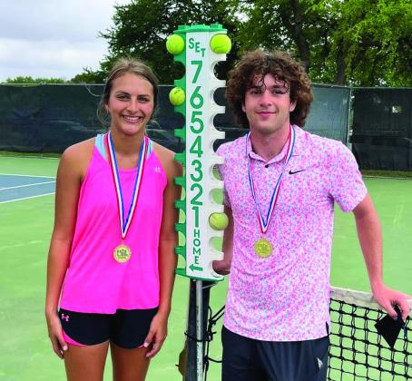 Valeria Zavala and Tallon Hayes of Benjamin competed this past week at the Region 2-A Tennis Tournament where they came home with gold medals and the Regional Champion title in Mixed Doubles. Zavala and Hayes won all three rounds of play at the Regional Tournament in San Angelo, defeating their opponents 6-3, 7-5, and 6-1. The duo will compete at the 1A State Tennis Tournament on April 25th and 26th in San Antonio. Courtesy Photo