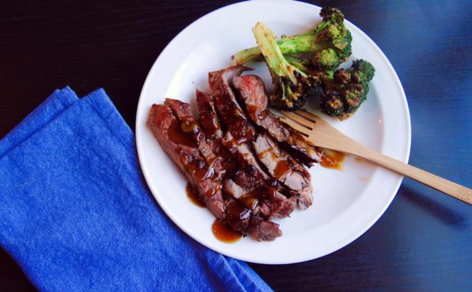 OVER CHARCOAL OR GAS Whether you grill with charcoal or gas, this meal will grill up beautifully. The marinade is a teriyakistyle sauce and is also a tasty basting sauce for the broccoli. | ANGELINA LaRUE PHOTO