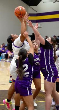 MOGULETTES HAVE CONTROL The Mogulettes controlled the game from the opening tip. Alaylah Evans gets a rebound and goes back up strong for a Mogulette basket as Munday dominated the game versus Benjamin and never allowed the Lady Stangs to gain any momentum. | LACI BOWMAN PHOTO