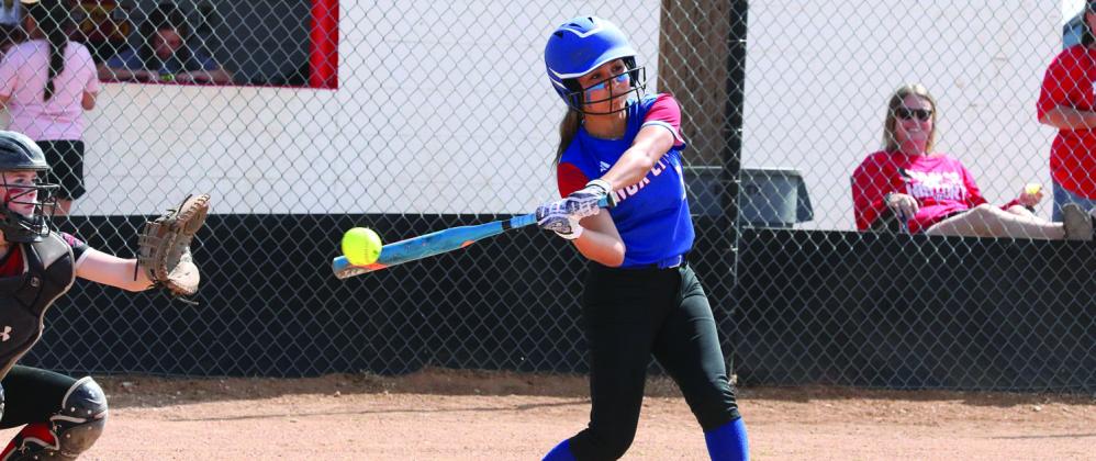 Rebecca Ruiz makes contact for the base hit Sheri Baty/The Knox County News-Courier