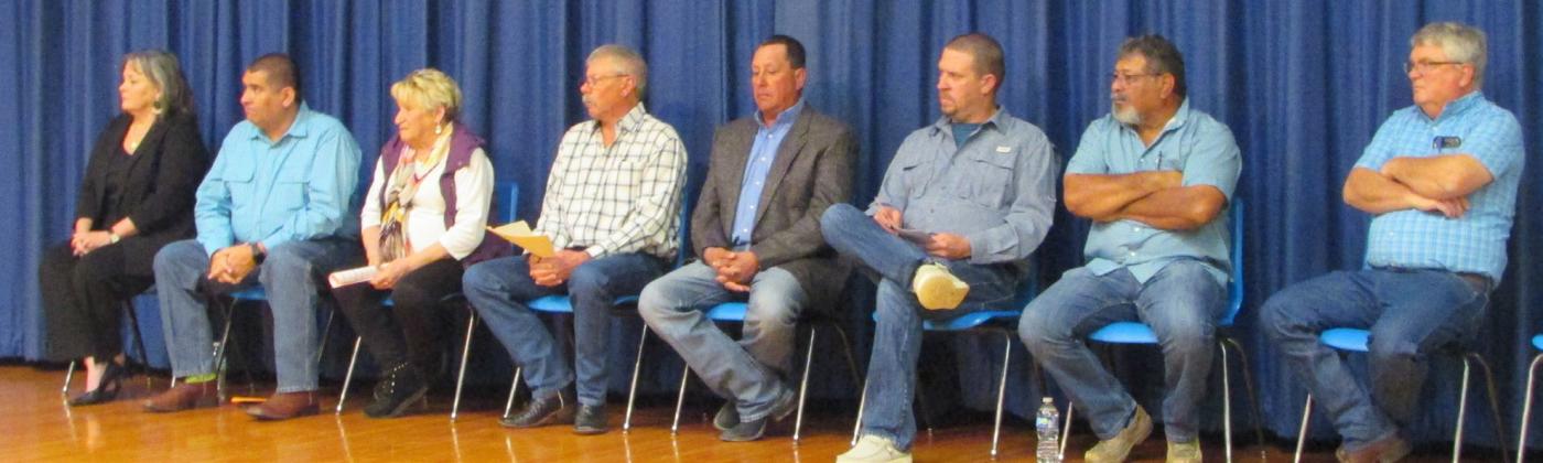 TOWN HALL Candidates at Meet the Candidates program – Robyn Harlin, Chris Mendoza, Penny Eaton, Randy Smith, Robert Estrada, Kyle Bibb, Chuco Magana, Louis Baty | DON THOMPSON PHOTO