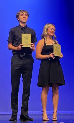 Benjamin’s Lexi True (right) as Kimberly and Ira’s Keegan Bufkin (left) as David Sarnoff received top acting awards at area One Act Play competition this month. | TROY PARTON OUTSTANDING PERFORMERS