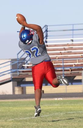 PASS COMPLETE Greyhounds make the catch deep in Jaguar territory.
