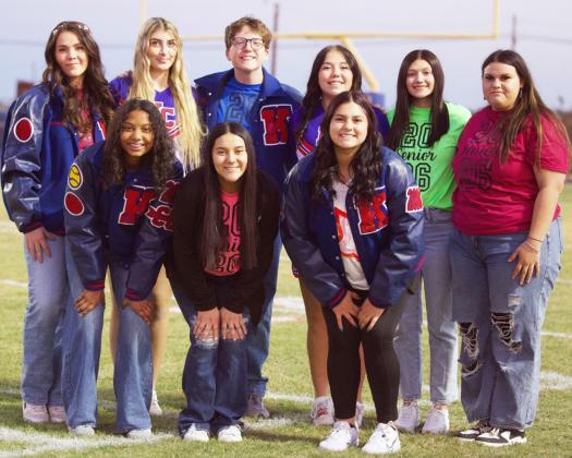 KCHSCLASSOF2026RECOGNIZED Knox City seniors recognized at Friday night’s football game were, front row from left, Naveah Martinez, Juliana Flores and Aubrey Lerma; back row, from left, Savannah Friddle, K’Lee Grimsley, Coltan Cox, Kamryn Pepper, Jaden Baxter and Gabi Martinez; not pictured was Simon Emerick. | SHERI BATY PHOTO