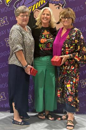 ELEMENTARY EMPLOYEES OF THE YEAR were Tena Myers (left) and Kim Kuehler (right), who received recognition for their service after retirement, presented by Principal Kristi Bufkin (center).