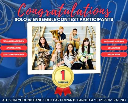 SUPERIOR RATING Six Knox City Greyhound Solo and Ensemble Contest participants earned the highest rating of Superior on their solos this Saturday, Feb. 7, in Wichita Falls. Congratulations go to William Blackburn, Annalea Hall, Avalee McGaughey, Nathaniel Aguayo, Lola Myers and Bailey Webb. | COURTESY PHOTO