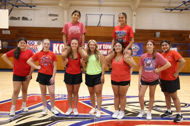 CLINIC TIME KCJH Cheer held a clinic July 31 to focus on building skills. Top row, from left, are Zynleigh Garcia and Lola Myers; bottom row, from left, are_JaKnay Sanchez, Kasadee Grimsley, Kendyl Pepper, Kyra Hall, clinic coach Divina Moreno, Hadley Cayce and Kenya Samano.