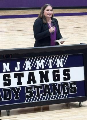 OPENING CEREMONY AND DEDICATION Benjamin ISD Interim Superintendent Ronda Moffett gave the opening presentation and dedication at the grand opening of the Don Haskins Gym in Benjamin on Thursday, September 25. | RACHEL FARMER PHOTOS