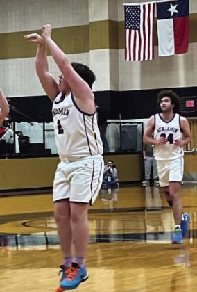 BENJAMIN PLAYOFF Mustang junior Will Pierce launches a three-point shot late in Benjamin’s regional final loss to defending state champs Jayton while seniorTallon Hayes looks on. | SUE JANE SULLIVAN