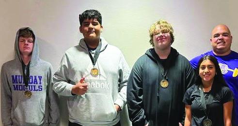 MUNDAY POWERLIFTERS MEDALED Jasmyn Diaz 2nd (97 lb. weight class), Kassidee Henderson 5th (198 lb. weight class), Steven Elkins 3rd (132 lb. weight class), Abraham Gonzalez 5th (308 lb. weight class), Kenlin Rogers 4th (Super Heavy Weight class). | COURTESY PHOTO