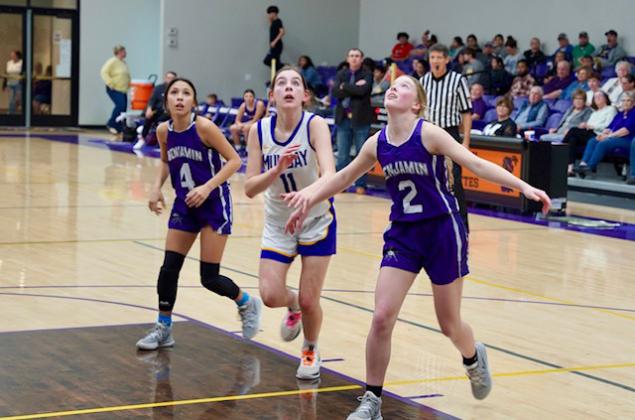 THE BENJAMINMUSTANGGIRLS faced off against the Munday Mogulettes in the District basketball game Tuesday night Jan. 24 at the Munday gym with the Benjamin girls pulling off the win with a score of 32-30, | LACI BOWMAN PHOTOS