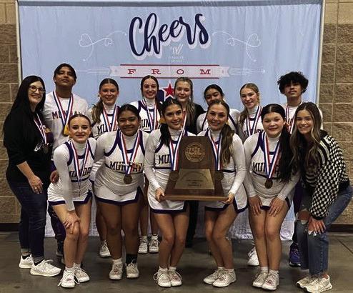 MOGULVARSITY CHEERLEADERS BRINGTHE SPIRIT The Munday Mogul Cheerleaders came away from the State UIL Spirit Contest with 3rd in state. Congratulations to the MundayVarsity Cheerleaders and their coach Mrs. Evans. | COURTESY PHOTO
