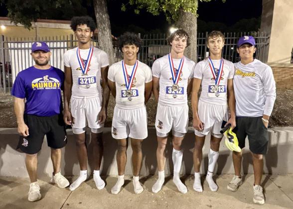 Theboys4x400mteambroughtsomehardwarehometoMunday. From left, Coach Justin Josselet; runners Ja’Riyis Williams, Kiyryn Wilson, Haiden Bowman and Luke Bowman; Coach Landon Leija.