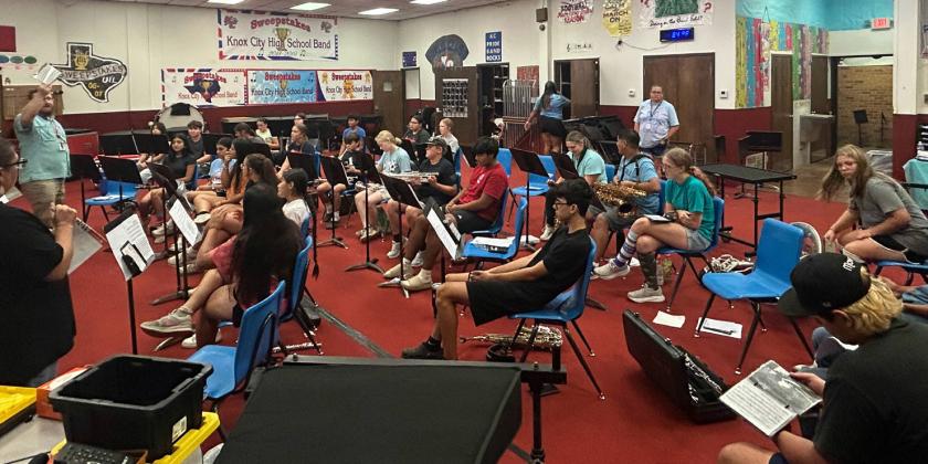 YOUR MUSIC Knox City band members are tuned in to Director David Lutz’s reminder of the first performance last season.The Greyhounds are hoping to make it back to the State marching contest in November.