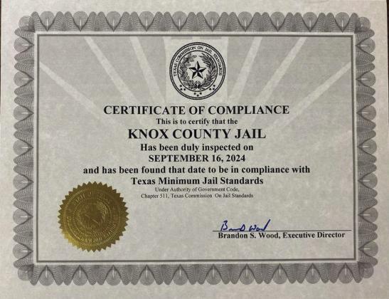 CERTIFICATE OF COMPLIANCE The Knox County Jail received a Certificate of Compliance after state inspection. | COURTESY PHOTO