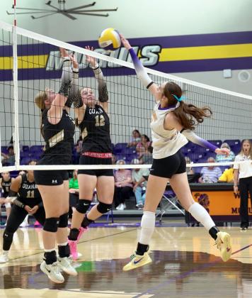SPIKE Olivia Myers pounds the ball home for a score in the third set Tuesday, Sept. 29, at home in the 3-0 victory over Quanah. | LACI BOWMAN
