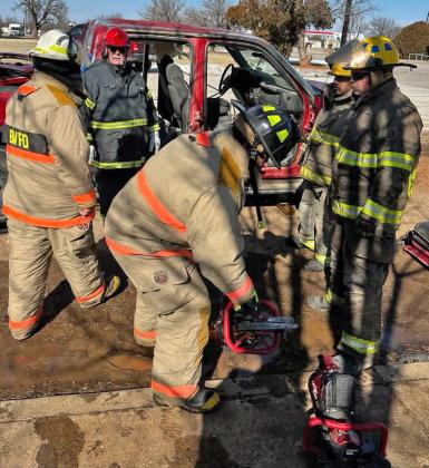 FIRST TRAINING OF THE YEAR The Benjamin Volunteer Fire Department held their first training exercise of the year on Saturday, Jan. 31. Guy Guffey with Advanced Rescue Systems came out for teaching and to let firefighters try out his gear. Rocky HickamTowing provided the wrecked truck for firefighters cut and haul off when they were done. | COURTESY PHOTOS