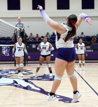 Benjamin’s Jasmine Mendiola records a kill in the Lady Stangs’ district win over Knox City. | COURTESY PHOTOS