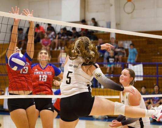BUILDING A WALL Houndette Lexi Abila builds a wall at the net and blocks the Wildcats. | SHERI BATY PHOTO