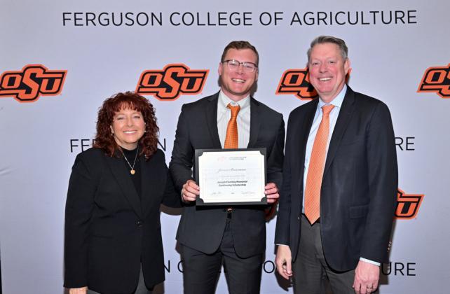 OSU SCHOLARSHIP RECIPIENT Jaxon Bowman (center), a 2023 graduate of Munday High School, was honored by the Oklahoma State University Ferguson College of Agriculture with academic scholarship support for the 2026-–27 academic year