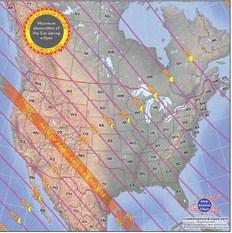 Map tracking the path of the annular solar eclipse across North America on Oct. 14, 2023. Annular means there will be a bright ring of fire visible around the dark disk of the moon.