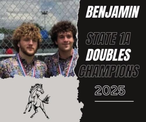 BENJAMIN TENNIS CHAMPS Benjamin High School 2025 State 1A Tennis Doubles champions Tallon Hayes and Keagan Hayes. | COURTESY IMAGE