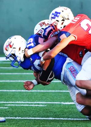 WESTDEFEATSEAST during the Division I six man football game. Knox City’s Bryson Callaway played for the West team, which defeated the East team 68–22.. | NAOMI SKINNER, TIMES RECORD NEWS