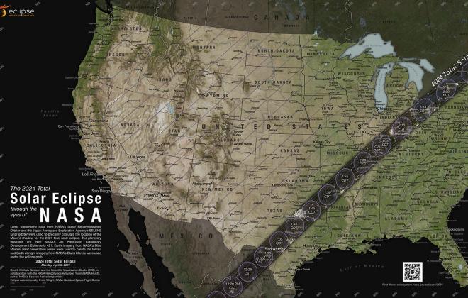 ECLIPSE MAP This map illustrates the path of the Moon’s shadow across the U.S. during the 2024 total solar eclipse. During a total solar eclipse, the sky will darken as if it were dawn or dusk and those standing in the path of totality may see the Sun’s corona. | NASA PHOTO