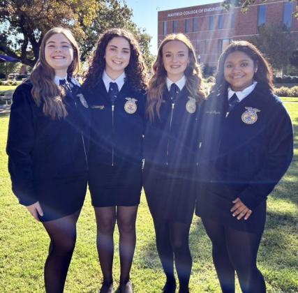 SENIOR AG ADVOCACY Munday’s Kinley Rocha, Brook Urbanczyk, Cody Rae Hunter and Aaralynn Taylor placed seventh in Senior Ag Advocacy at the FFA LDE Contest at Tarleton State University in Stephenville on Wednesday, Oct. 22. | COURTESY PHOTO